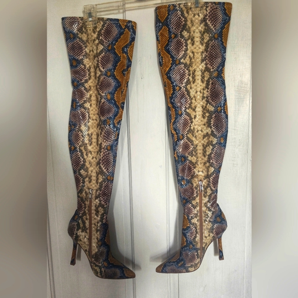 Steve Madden Blue Brown Snake-Print Over-the-Knee Boots